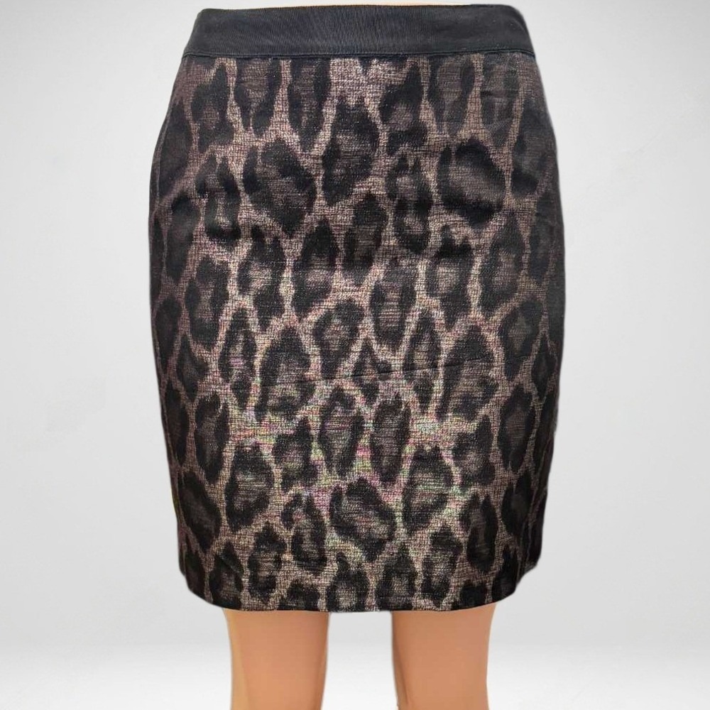 Ann Taylor Petite Metallic Leopard Jacquard Pencil Skirt Bronze Black 4P NEW